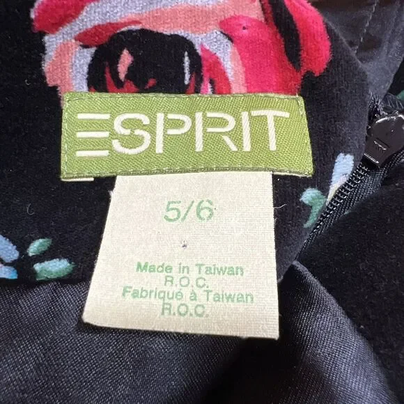 Esprit Vintage Black Velvet Floral Dress Pink Blue Roses Sz 5/6 - Picture 13 of 15